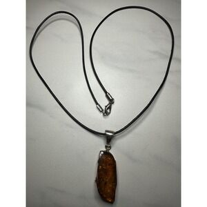 Sterling Silver 925 Baltic Amber Pendant Necklace Black Cord Honey Cognac Stone